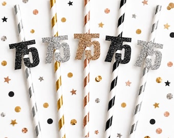 Any Age Milestone Birthday Straws, Glitter Number Party Straws, 75th, 80th, 16th, 40th Birthday Decor, Set of 12