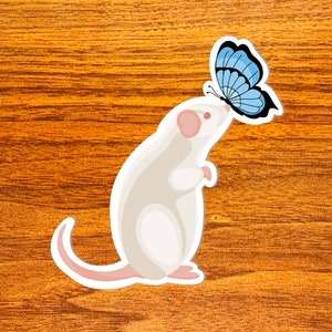 Butterfly Whiskers - Vinyl Rat Sticker, White Rat with Blue Butterfly