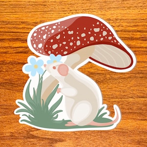 Mushroom Rat - Vinyl Rat Sticker, White Rat in Forest with Mushroom and Flowers, Cute Rat, Cottage Core