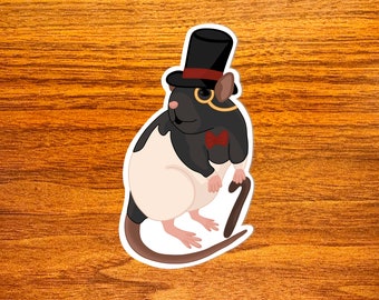 May include: A black and white rat wearing a black top hat with a red band, a gold monocle, and a red bow tie. The rat is holding a brown walking stick.