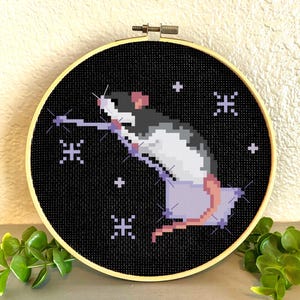 Può includere: Un ratto bianco e nero con accenti viola è ricamato su un tessuto nero teso su un cerchio di legno. Il ratto è raffigurato in una posa di salto con le zampe distese. Lo sfondo è un tessuto nero con stelle bianche.