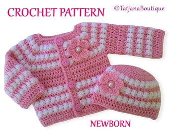 Crochet Pattern Baby Cardigan and Hat Set, baby gift baby shower, baby pink white sweater and hat pattern, baby cardigan and hat, PDF #74