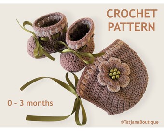 Crochet Pattern Baby Bonnet and Booties, baby hat booties crochet pattern, baby bonnet crochet pattern, baby shoes crochet pattern PDF #167