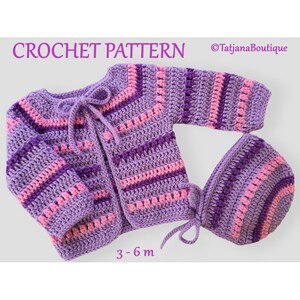 May include: Crochet pattern for a purple and pink baby cardigan and hat set, size 3-6 months. The cardigan has a striped pattern and ties at the neck. The hat is a simple beanie style.