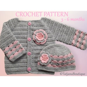 Crochet Pattern Baby Cardigan and Hat, baby cardigan crochet pattern, baby hat crochet pattern, crochet flower pattern, baby clothes PDF #45
