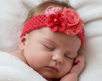 Crochet Baby Headband Pattern, Stretchy Cotton Flower Hair Band, PDF #187.