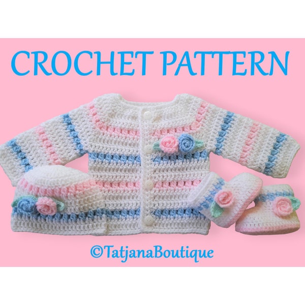 Crochet Pattern Baby Cardigan, Hat and Booties, baby crochet pattern, white baby blue pink mint sweater hat booties crochet flowers PDF #120