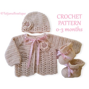 Crochet Pattern Baby Cardigan Hat and Booties, baby gift, baby shower, baby beige pink sweater hat booties crochet flowers pattern PDF #84.