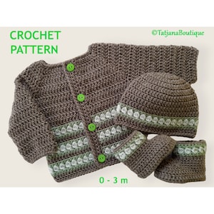 Crochet Pattern Baby Cardigan, Hat and Booties, baby crochet pattern, baby clothes khaki green sweater hat booties crochet pattern, PDF #131