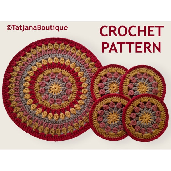 Crochet Pattern Mandala Table Mat and Coasters Set, coasters crochet pattern, mandala crochet pattern, table mat crochet pattern PDF # 142.