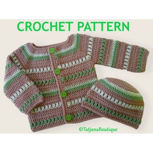 Crochet Pattern Baby Cardigan and Hat Set, Baby gift, baby shower, beige sage green crochet sweater and hat, baby cardigan and hat, PDF #71
