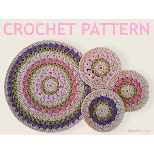 Crochet Pattern Mandala Table Mat and Coasters Set, coasters crochet pattern, mandala crochet pattern, table mat crochet pattern PDF # 141.