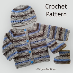 May include: Crochet pattern for a baby sweater, hat and booties. The set is made in brown and blue stripes with blue buttons.