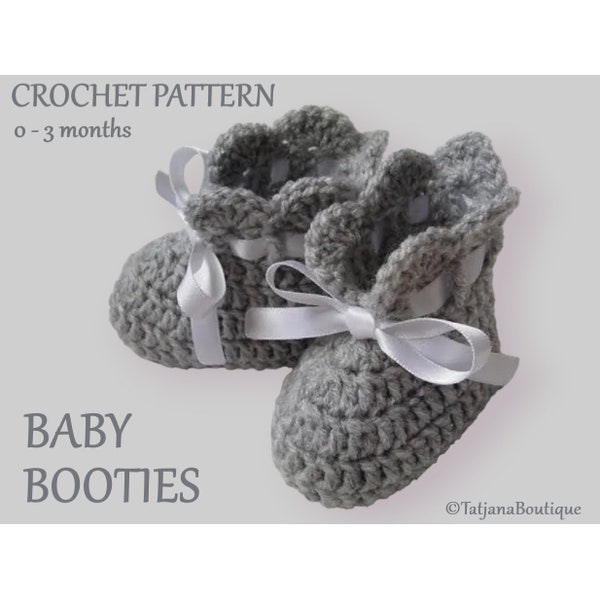 Crochet Pattern Baby Booties, grey baby booties crochet pattern, crochet baby shoes pattern, baby boots satin ribbon crochet pattern, PDF #1