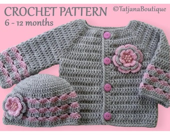 Crochet Pattern Baby Cardigan and Hat Set, Baby Cardigan Crochet Pattern, baby girl grey pink sweater, grey pink baby hat pattern PDF #51.