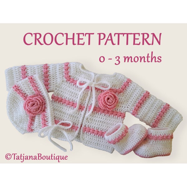 Crochet Pattern Baby Cardigan Bonnet Booties, crochet baby cardigan hat booties pattern, baby white pink sweater booties pattern PDF #101