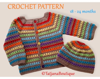 Crochet Pattern Toddler Rainbow Cardigan and Hat, Rainbow Crochet Cardigan Pattern, rainbow sweater and hat pattern size 18 - 24 m, PDF #138