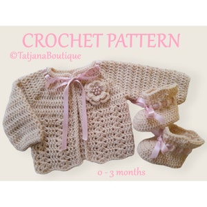 Crochet Pattern Baby Cardigan and Booties, crochet baby clothes pattern, baby cardigan shoes crochet pattern, crochet flower pattern PDF#105