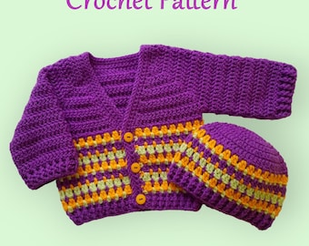 Crochet Pattern Baby Cardigan and Hat, crochet baby cardigan sweater hat pattern, crochet baby clothes set pattern, baby outfit, PDF #204.