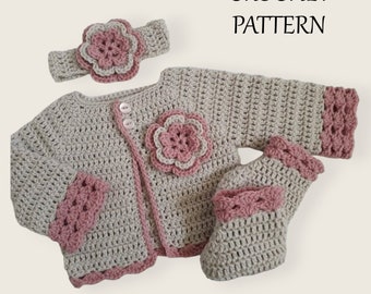 Baby Headband Cardigan Booties Crochet Pattern, crochet baby cardigan headband booties pattern, beige baby sweater booties headband PDF #99