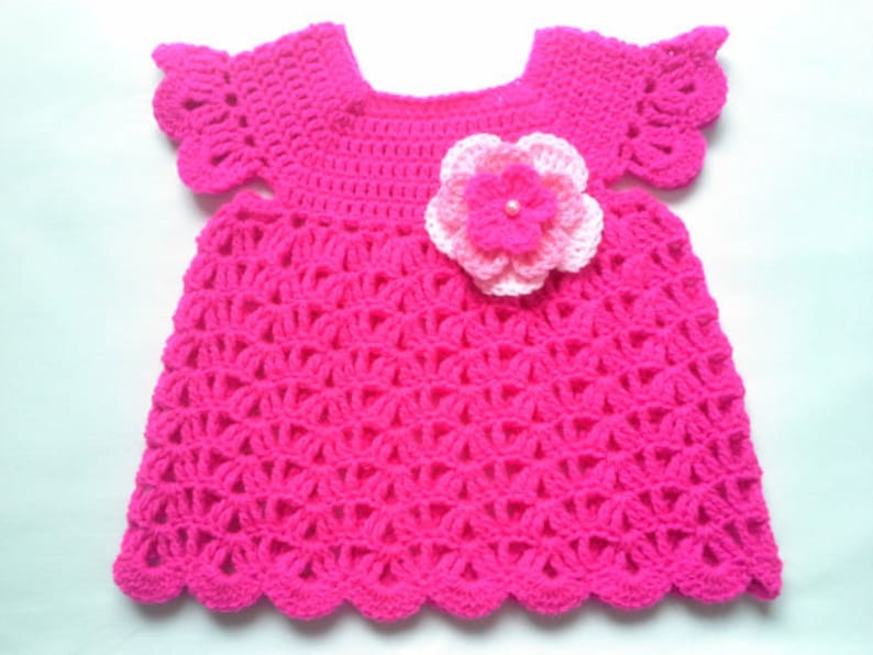 pink baby girl dress baby dress pink with crochet flower crochet pattern tutorial Crochet Pattern PDF file baby dress tutorial