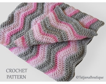 Crochet PATTERN Baby Rippled Blanket, Ripple Blanket for Baby crochet pattern, grey pink baby girl boy blanket crochet pattern, PDF #58