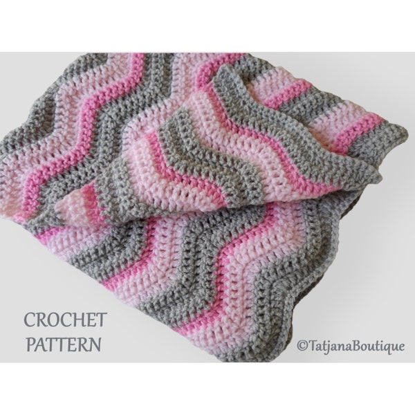 Crochet PATTERN Baby Rippled Blanket, Ripple Blanket for Baby crochet pattern, grey pink baby girl boy blanket crochet pattern, PDF #58