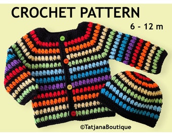 Crochet Pattern Baby Rainbow Cardigan and Hat, Rainbow Crochet Cardigan Pattern, rainbow sweater and hat pattern size 6 - 12 m, PDF #153