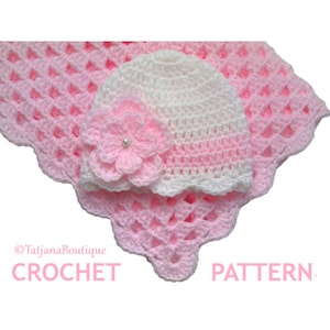 Crochet PATTERN Baby Blanket and Baby Hat Set, PDF file #19, Girl baby white beanie pink blanket, crochet pattern baby hat blanket