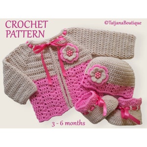 Crochet Pattern Baby Cardigan Hat and Booties, baby gift, baby shower, baby beige pink sweater hat booties crochet flowers pattern PDF #135.