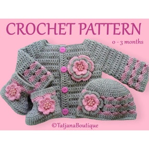 Crochet Pattern Baby Cardigan, Hat and Booties, baby grey pink sweater hat booties crochet pattern, crochet flowers pattern, PDF #95.