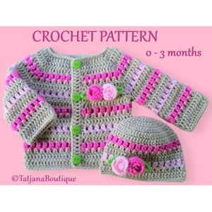 Crochet Pattern Baby Cardigan and Hat, baby clothes crochet pattern, beige pink baby sweater cardigan beanie hat crochet pattern PDF #56