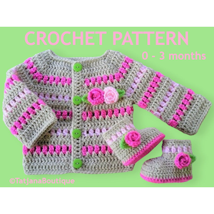 Crochet Pattern Baby Cardigan and Booties, baby gift, baby shower, baby beige pink lime sweater booties, crochet flowers pattern, PDF #87.