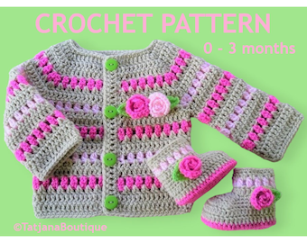 Crochet Pattern Baby Cardigan and Booties, baby gift, baby shower, baby beige pink lime sweater booties, crochet flowers pattern, PDF #87.