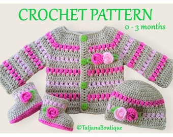 Häkelanleitung Baby Strickjacke, Mütze und Booties, Häkelanleitung Baby, Baby Beige rosa Lime Pullover Mütze Booties Schuhe Häkelblumen, PDF#78
