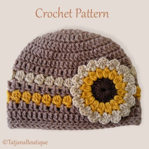 Crochet Pattern Baby Hat, sunflower baby beanie crochet pattern, baby shower gift, crochet pattern flower, beige ochre brown hat, PDF #166