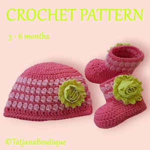 Crochet Pattern Baby Hat and Booties, crochet baby hat pattern, crochet baby shoes booties pattern, flower hat crochet pattern, PDF #198