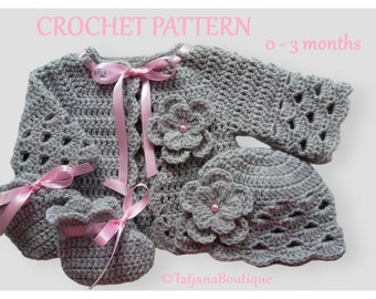 Crochet Pattern Baby Hat Cardigan and Booties, baby clothes crochet pattern, crochet baby cardigan sweater hat booties shoes pattern PDF#110