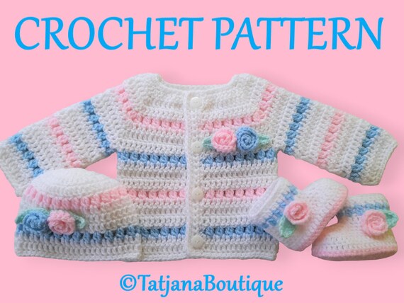 Crochet Pattern Baby Cardigan Hat and Booties Baby Crochet Pattern White Baby Blue Pink Mint Sweater Hat Booties Crochet Flowers PDF 120 Etsy