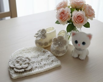 Crochet Baby Hat and Booties Pattern, Flowers & Pearls Design PDF #27