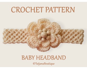 Crochet Pattern Baby Headband, cotton baby stretchy headband with flower crochet pattern, crochet flower pattern, baby hair band PDF #185.