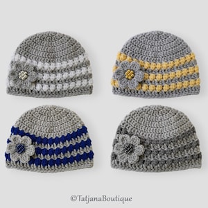 Crochet Pattern Baby Hat, baby beanie crochet pattern, baby shower gift, crochet pattern flower, grey white blue yellow baby hat, PDF #88