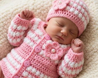 May include: A baby wearing a pink and white striped crochet cardigan with four pink buttons and a matching crochet hat featuring a pink flower accent. The text TatjanaBoutique is visible in the upper left corner of the image.