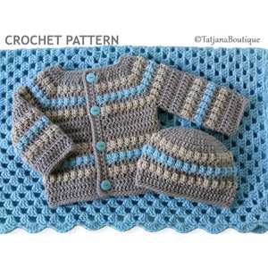 May include: A gray crocheted cardigan with blue and beige stripes, a matching crocheted hat, and a blue crocheted blanket. The cardigan has buttons down the front.  "CROCHET PATTERN" and "©TatjanaBoutique" are written on the image.