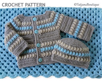 Crochet Pattern Baby Blanket, Sweater and Hat Set, baby grey beige turquoise sweater and hat, baby cardigan and hat crochet pattern PDF #79.