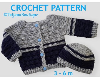 May include: Crochet pattern for a gray and navy blue baby cardigan and hat set. The set is sized for 3-6 months. The pattern is by TatjanaBoutique.