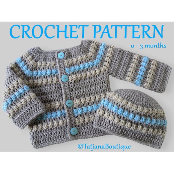 Crochet Pattern Baby Cardigan and Hat Set, Baby gift, baby shower, baby grey beige turquoise sweater and hat, baby cardigan and hat, PDF 69.