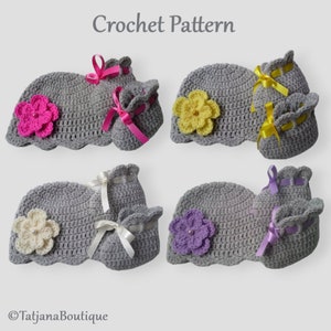Crochet PATTERN Baby Hat and Booties set, PDF file #66, gift baby shower, photo prop, satin ribbon, crochet flower, grey hat, grey booties