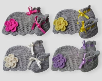 Crochet PATTERN Baby Hat and Booties set, PDF file #66, gift baby shower, photo prop, satin ribbon, crochet flower, grey hat, grey booties