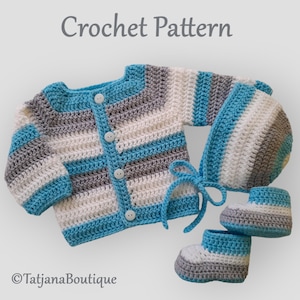 Crochet Pattern Baby Cardigan, Bonnet and Booties, crochet baby sweater bonnet shoes pattern, crochet baby clothes set pattern, PDF #189